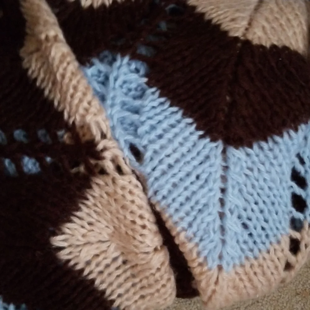 Handknit Chevron Brown/Beige/Powder-Blue  Blanket
